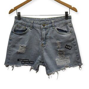 High Rise Shorts M Womens Denim Light Wash Distressed Cutoff Patchwork